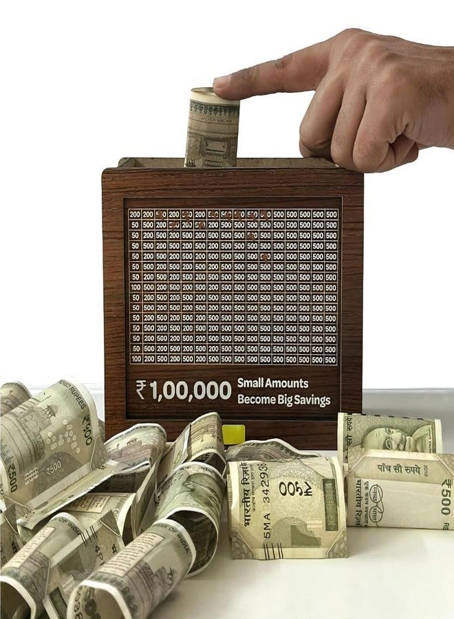 آي ستور حصالة نقود خشبية من آي ستور مع مؤشر للادخار، هدفها 100 ألف روبية، مناسبة للأطفال والكبار، صندوق ادخار، حصالة صغيرة، صندوق عملات خشبي، موفر للمال، حصالة بأرقام (1) عصرية - Image 1
